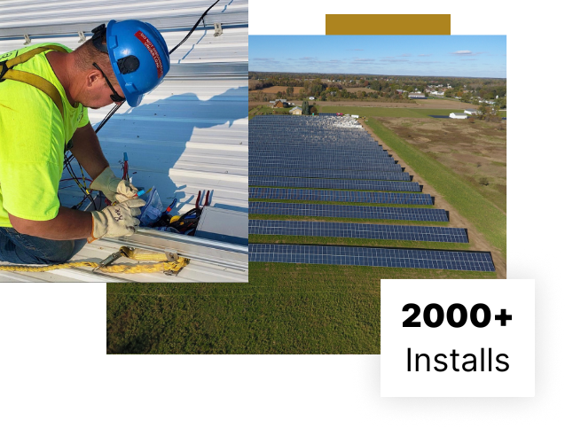 A solar worker installing a solar panel illustrating that 2000+ installations have been completed.