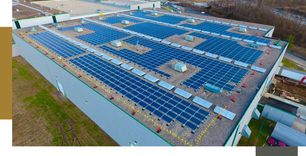 The roof of a commercial building covered in solar panels.